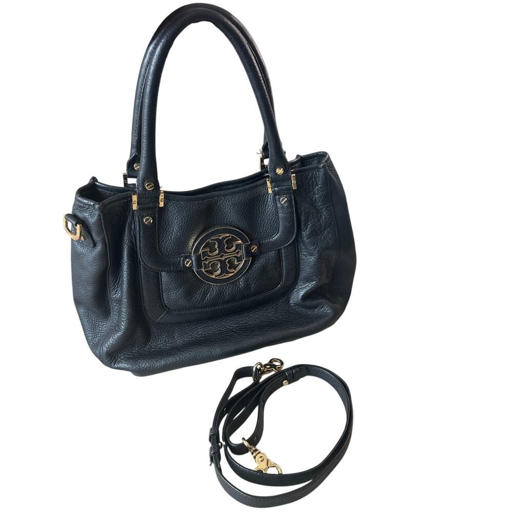 Tory Burch Amanda Slouchy Hobo Black Pebbled Leather Gold Logo